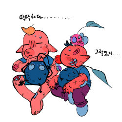 Rule 34 | 2boys, alternate costume, aqua shorts, bandaid, bandaid on arm, bandaid on cheek, bandaid on face, bandaid on head, bandaid on knee, bandaid on leg, big nose, bite mark, black eyes, black skin, blonde hair, blue eyes, blue shirt, brown hair, bud, casual, closed eyes, colored skin, covering own mouth, creature on head, creature on lap, cross-eyed, cross scar, crossed ankles, flat color, full body, hands on own head, injury, insect wings, korean text, light blush, louie (pikmin), male focus, multiple boys, nintendo, olimar, pants, pikmin (creature), pikmin (series), pink skin, pointy ears, red pants, rock, rock pikmin, scar, scar on arm, shirt, short hair, short sleeves, shorts, simple background, sitting, socks, solid circle eyes, sweat, sweatdrop, t-shirt, translation request, very short hair, white background, white socks, wide-eyed, winged pikmin, wings, yu pikmin