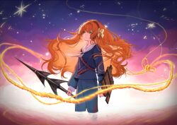 1girl :| blue_pants blue_shirt bow closed_mouth cowboy glowing green_eyes hair_bow hair_flowing_over harpoon headband highres holding holding_weapon ishmael_(project_moon) light_particles limbus_company long_hair orange_hair pants pink_water project_moon rope rope_around_waist sailor_collar shield shirt sparkle star_(sky) til_0816 very_long_hair wading weapon western wooden_shield