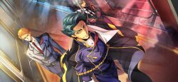 Rule 34 | 1girl, 2boys, arm at side, artist request, ascot, belt, black cape, blonde hair, blue eyes, blue hair, blue jacket, blue pants, breasts, buttons, cape, closed mouth, coat, code geass, code geass: lost stories, collared shirt, cowboy shot, forehead, from above, furrowed brow, game cg, gem, gloves, hallway, happy, highres, indoors, jacket, jeremiah gottwald, kewell soresi, lapel pin, light particles, light rays, long sleeves, looking at viewer, male focus, medium breasts, military uniform, multiple boys, necktie, non-web source, official art, orange eyes, pants, purple coat, purple gemstone, red necktie, shirt, short hair, sidelocks, sleeveless, sleeveless coat, sleeveless shirt, smile, solo focus, standing, v-shaped eyebrows, villetta nu, walking, white ascot, white gloves, white shirt, window