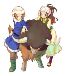 10s 1boy 1girl alternate_costume blue_eyes boots bouffalant brown_hair dress fur_hat fur_trim gen_5_pokemon hat hilbert_(pokemon) hilda_(pokemon) long_hair mogawa nintendo pokemon pokemon_(creature) pokemon_bw ponytail short_hair smile white_background winter_clothes
