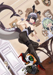 3girls absurdres alexandrina_sebastiane alternate_costume animal_ears arm_support ass bare_shoulders black_hair black_leotard black_pantyhose black_ribbon black_shoes blush breasts choker colored_inner_hair commentary_request corin_wickes dutch_angle ellen_joe fake_animal_ears film_grain fins fish_tail frilled_wristband frown full_body furrowed_brow green_hair hair_between_eyes hair_intakes hair_ribbon hairband hand_up hands_on_own_cheeks hands_on_own_face high_heels highleg highleg_leotard highres indoors legs leotard looking_at_viewer maid maid_headdress medium_breasts metal_hairband multicolored_hair multiple_girls nail_polish open_mouth pantyhose peeking_out playboy_bunny portrait_(object) purple_eyes rabbit_ears red_eyes red_hair red_nails ribbon scar scar_on_tail screw_hair_ornament shark_girl shark_tail shoes short_hair solo_focus spiked_choker spiked_headband spikes standing standing_on_one_leg strapless strapless_leotard table tail tail_raised teeth thick_eyebrows twintails two-tone_hair upper_teeth_only user_xnkx8754 v-shaped_eyebrows wavy_mouth zenless_zone_zero