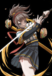 1girl absurdres badge bandaid bandaid_on_leg black_background black_skirt blonde_hair blue_eyes blue_shirt blunt_bangs brown_hair burger button_badge closed_mouth colored_inner_hair commentary_request cowboy_shot food fujioctopus1 hairband highres imadake_dabuchi_tabemi japanese_clothes katana kimono long_hair mcdonald&#039;s multicolored_hair pleated_skirt ponytail red_hairband samurai_tamago_tabemi shirt skirt solo striped_clothes striped_kimono sword vertical-striped_clothes vertical-striped_kimono weapon white_shirt