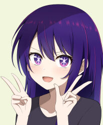 1girl :d absurdres black_shirt blush bright_pupils commentary_request double_v hair_between_eyes hands_up highres hoshino_ai long_hair looking_at_viewer open_mouth oshi_no_ko portrait purple_eyes purple_hair shirt sidelocks simple_background smile smug solo star-shaped_pupils star_(symbol) straight_hair symbol-shaped_pupils szl v v-shaped_eyebrows white_pupils yellow_background