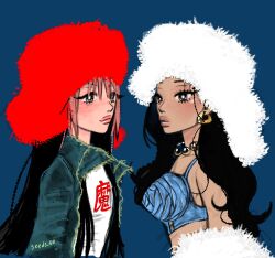 Rule 34 | 2girls, artist name, bead choker, beads, black hair, blue background, blue bra, blue eyes, blue jacket, bra, colored bangs, commentary, earrings, hat, highres, hoop earrings, jacket, jewelry, katseye, long hair, manon (katseye), megan (katseye), multicolored hair, multiple girls, pink hair, pink lips, real life, red hat, seeds 00, two-tone hair, underwear, white eyes, white hat
