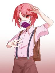 1girl backpack bag brown_shorts collared_shirt gradient_background handprint highres iizumi_rita looking_at_viewer pink_shirt red_background red_eyes red_hair seigetsu_(cheetah123) shirt short_hair shorts solo suspender_shorts suspenders toaru_kagaku_no_accelerator toaru_kagaku_no_railgun toaru_majutsu_no_index white_background