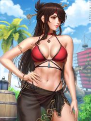 1girl armlet bare_shoulders barrel beidou_(genshin_impact) bikini blue_sky bracelet breasts brown_hair choker earrings eyepatch genshin_impact hair_ornament hair_over_one_eye hair_stick hairpin hand_on_own_hip highres hoop_earrings jewelry large_breasts long_hair navel one_eye_covered outdoors palm_tree pirate_ship red_bikini red_choker colored_eyepatch red_eyes sciamano240 ship sky solo standing summer swimsuit tagme tree watercraft