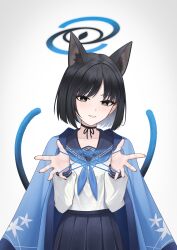 Rule 34 | 1girl, absurdres, animal ear fluff, animal ears, black eyes, black hair, black nails, black ribbon, black sailor collar, black skirt, blue archive, blue halo, blue haori, blue neckerchief, bob cut, bright pupils, cat&#039;s cradle, cat ears, cat girl, collarbone, commentary, cowboy shot, extra ears, eyelashes, eyeshadow, fu shang, grey background, halo, hands up, haori, highres, japanese clothes, kikyou (blue archive), light blush, long sleeves, looking at viewer, makeup, multiple tails, nail polish, neck ribbon, neckerchief, outstretched hand, parted lips, pink eyeshadow, pleated skirt, ribbon, sailor collar, school uniform, serafuku, shirt, short hair, simple background, skirt, smile, smug, straight hair, tail, tail raised, tsurime, two tails, white pupils, white shirt