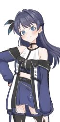 1girl ampere_(love_live!) black_shirt black_thighhighs blue_coat blue_eyes blue_hair blue_skirt braid coat cowboy_shot crop_top cropped_shirt fishnet_pantyhose fishnets half_up_braid half_updo hand_on_own_hip highres link!_like!_love_live! long_hair long_sleeves looking_at_viewer love_live! midriff miniskirt murano_sayaka o-ring off-shoulder_coat off_shoulder official_alternate_costume open_clothes open_coat pantyhose pleated_skirt shirt skirt sleeveless sleeveless_shirt solo standing thighhighs torn_clothes torn_thighhighs virtual_youtuber white_shirt wotan_(wotandesu)
