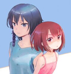 2girls bare_shoulders blue_eyes blue_hair braid camisole dual_persona expressionless flat_chest highres kohiruimaki_karen llenn_(sao) looking_at_viewer multiple_girls official_art parted_lips red_eyes red_hair shirt short_hair side_braid sword_art_online sword_art_online_alternative:_gun_gale_online upper_body yoshinari_kou