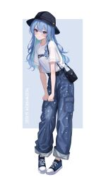 Rule 34 | 1girl, bag, belt, black belt, black hat, blue pants, blush, closed mouth, full body, handbag, hat, highres, hololive, hoshimachi suisei, leaning forward, pants, sa-ya2, shirt, shirt tucked in, shoes, smile, sneakers, solo, standing, virtual youtuber, white shirt