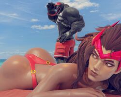 Rule 34 | 1boy, 1girl, 3d, absurdres, ass, ass focus, beach, brown hair, green eyes, highres, lifeguard, long hair, long tongue, lying, marvel, marvel rivals, mask, on stomach, red thong, red tiara, scarlet witch, sharp teeth, shorts, smile, symbiote, tan, teeth, thong, tiara, tongue, venom (marvel), water