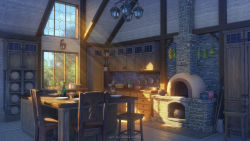 bottle bowl brick_oven chair cloud commentary dankalaning day drink flower_pot food frying_pan glass herb highres keg_(container) lantern no_humans original oven plant plate scenery shade shelf sky spice stool stove sunlight table tree window