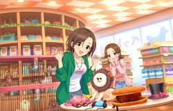 2girls brown_eyes brown_hair cage cardigan ceiling_light checkered_ceiling dog earrings english_text forehead game_cg hat idolmaster idolmaster_cinderella_girls idolmaster_cinderella_girls_starlight_stage jacket japanese_text jewelry lion_mane mizuki_seira multiple_girls necklace off_shoulder official_art ohta_yuu open_mouth table top_hat wig