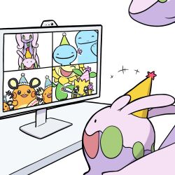 +++ ^_^ closed_eyes closed_mouth dedenne gen_2_pokemon gen_6_pokemon goodra goomy green_hat hat highres monitor nintendo no_humans numera_goomy open_mouth party_hat party_horn pink_hat pokemon pokemon_(creature) quagsire simple_background solid_oval_eyes sunflora sunkern table whiskers white_background wooper yellow_hat zoom_chat