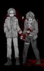 2boys absurdres ahoge aotsuki_eito black_background bleeding blood blood_in_mouth blood_on_clothes blood_on_face blood_on_ground blood_on_hands blood_on_shoes bloody_knife breast_pocket chinese_commentary crying crying_with_eyes_open cuffs drawstring glasses greyscale greyscale_with_colored_background hand_in_pocket hand_on_wound handcuffs highres holding holding_knife hood hoodie implied_self-harm injury jacket knife looking_ahead looking_at_another male_focus monochrome multicolored_hair multiple_boys outline pain pants pocket red_background red_eyes red_outline shared_handcuffs short_hair smile spoilers spot_color streaked_hair sumino_takumi tears the_hundred_line_-last_defense_academy- two-tone_background waiaaaaaaa