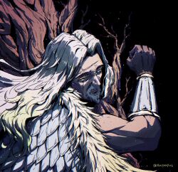 1boy armlet beard biceps clenched_hand facial_hair gradient_hair green_eyes hand_up highres jewelry kapxapius lo_po_bia_robadon log long_hair looking_at_viewer mature_male multicolored_hair mustache old old_man original plant scar scar_on_face signature tower_of_god triceps twitter_username two-tone_hair wrinkled_skin