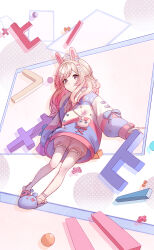 1girl ahoge animal_ears animal_slippers anklet asymmetrical_footwear bead_anklet beads blonde_hair blue_bow blue_slippers bow braid bunny_slippers closed_mouth coat drawstring drop_shadow ear_bow eyes_visible_through_hair full_body fur-trimmed_hood fur_trim hair_bow hair_ornament heart heart_hair_ornament highres hood hood_down hooded_coat huuukky jewelry lace-trimmed_shorts lace_trim long_hair long_sleeves looking_at_viewer mismatched_footwear multicolored_coat multiple_hair_bows phase_connect pigeon-toed pink_bow pink_shorts pink_slippers pipkin_pippa pipkin_pippa_(1st_costume) puffy_long_sleeves puffy_shorts puffy_sleeves purple_eyes purple_pupils rabbit rabbit_ears rabbit_girl shorts sleeve_bow slippers smile solo split_mouth standing star_(symbol) star_hair_ornament virtual_youtuber x_x