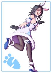 1girl absurdres animal_ears ankle_garter black_gloves black_hair black_pantyhose carrot_print commission cosplay detached_sleeves fangs food_print frilled_thigh_strap fur-trimmed_gloves fur_trim gloves high_heels highres hololive horns kijin_seija leotard looking_at_viewer mary_janes mefomefo multicolored_hair open_mouth pantyhose rabbit_ears rabbit_tail red_eyes running shoes smile solo strapless strapless_leotard streaked_hair tail thigh_strap touhou usada_pekora usada_pekora_(1st_costume) usada_pekora_(cosplay) virtual_youtuber white_shoes