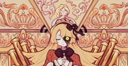 1girl blonde_hair bow bowtie braid brown_bow brown_bowtie brown_capelet brown_hairband capelet closed_eyes crown_braid er_hea hairband lobotomy_corporation long_hair long_sleeves looking_at_viewer open_mouth project_moon shirt solo tiphereth_a_(project_moon) upper_body white_shirt yellow_background yellow_eyes
