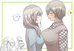 Rule 34 | 5girls, 5tb, ?, ahoge, asymmetrical docking, awa subaru, blue eyes, blush, border, breast press, breasts, brown hair, ebizuka tomo, eye contact, girls band cry, green eyes, grey hair, heart, highres, iseri nina, jealous, kawaragi momoka, large breasts, long hair, looking at another, medium breasts, mole, mole under eye, multiple girls, rupa (girls band cry), short hair, simple background, smile, spoken heart, spoken question mark, sweat, sweater, white background, yellow border