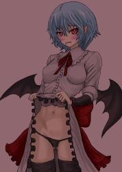 1girl back_bow bat_wings black_panties black_thighhighs blue_hair blush bow breasts bright_pupils buttons closed_mouth clothes_lift collar collared_dress commentary_request cowboy_shot dress dress_lift fang fingernails frilled_bow frilled_collar frilled_dress frilled_sleeves frills gluteal_fold highres juliet_sleeves long_sleeves looking_at_viewer lowleg lowleg_panties merihari07 navel neck_ribbon no_headwear panties pointy_ears puffy_sleeves raised_eyebrow red_bow red_eyes red_nails red_ribbon remilia_scarlet ribbon sharp_fingernails short_hair simple_background slit_pupils small_breasts solo standing thighhighs tongue tongue_out touhou underwear white_dress white_pupils wings