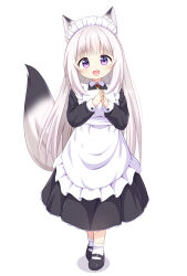 1girl :d animal_ear_fluff animal_ears apron black_dress black_shoes blunt_bangs commentary_request dress fang fox_ears fox_girl fox_tail frilled_dress frills full_body grey_hair highres long_dress long_hair long_sleeves looking_at_viewer maid maid_apron maid_headdress mary_janes mogura2009 momo_(mogura2009) open_mouth original own_hands_together purple_eyes shoes simple_background smile socks solo standing steepled_fingers tail white_apron white_background white_socks