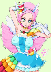 1girl blue_eyes breasts covered_erect_nipples cure_parfait dress earrings food-themed_hair_ornament hair_ornament highres jewelry kirahoshi_ciel kirakira_precure_a_la_mode large_breasts looking_at_viewer multicolored_eyes pink_hair precure smile solo solo_focus strapless strapless_dress symbol_in_eye tamo_(nama-yatsuhashi)