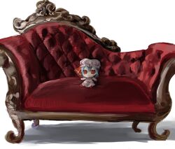 blue_hair closed_mouth couch fumo_(doll) hair_between_eyes haniwa_kue hat highres light_smile looking_at_viewer pink_hat pink_shirt pink_skirt red_eyes remilia_scarlet shirt simple_background skirt solo touhou white_background