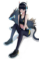1girl absurdres alternate_costume arm_support bare_arms between_legs black_footwear black_hair black_leggings black_sports_bra blue_eyes blunt_bangs blush commentary_request elesa_(pokemon) gen_4_pokemon hand_between_legs headphones highres leggings luxray navel nintendo parted_lips pokemon pokemon_(creature) pokemon_bw2 shoes sidelocks sitting sneakers sports_bra ukyou_(ukyopokemon) white_background