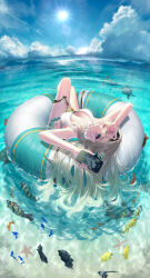 1girl absurdres aqua_bikini bikini bikini_skirt black_hairband blue_pupils breasts cellphone cleavage commentary_request firefly_(honkai:_star_rail) fish gradient_eyes gradient_hair grey_hair hair_between_eyes hair_intakes hairband highres holding holding_phone honkai:_star_rail honkai_(series) large_breasts long_hair lying multicolored_eyes multicolored_hair nail_polish neckerchief on_back one_eye_closed open_mouth orange_neckerchief partial_commentary phone shark smartphone solo starfish swimsuit takubon teeth thigh_strap tube white_bikini