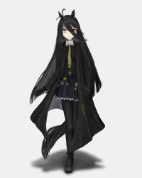 Rule 34 | 1girl, ahoge, animal ears, belt, black belt, black choker, black coat, black gloves, black hair, black pantyhose, black shirt, black shoes, black skirt, choker, closed mouth, coat, collared shirt, ear tag, earrings, frilled skirt, frills, frown, gloves, grey hair, hand in pocket, highres, horse ears, horse girl, horse tail, jewelry, long hair, long sleeves, manhattan cafe (umamusume), multicolored hair, necktie, pantyhose, pleated skirt, shirt, shoes, simple background, single earring, skirt, solo, tail, thefatum, umamusume, very long hair, white background, yellow necktie