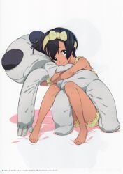 1girl absurdres bare_shoulders barefoot bed bloomers bow bow_hairband brown_eyes brown_hair camisole daitoku_junna dark-skinned_female dark_skin feet frilled_bloomers frilled_camisole frilled_pajamas frilled_shorts frilled_wrist_cuffs frills fukuda_tomonori hair_between_eyes hair_bow hair_ornament hairband head_tilt highres hug looking_at_viewer non-web_source official_art on_bed pajamas robotics;notes shadow short_hair shorts simple_background sitting smile stuffed_animal stuffed_panda stuffed_toy tan thighs toes underwear white_background wrist_cuffs yellow_bloomers yellow_bow yellow_camisole yellow_pajamas