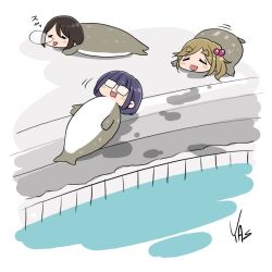 3girls animal black_hair closed_eyes fang glasses inuyama_aoi long_hair lying multiple_girls oogaki_chiaki open_mouth saitou_ena seal_(animal) short_hair side_ponytail sleeping smile thick_eyebrows water yas_(yosiyasuyasu) yurucamp