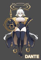 1girl absurdres ahoge artist_name black_coat black_gloves black_thighhighs breasts closed_mouth coat commentary_request expressionless floating full_body gears gloves grey_background grey_eyes grey_hair hair_between_eyes halo halo_behind_head highres kim_dante korean_commentary large_breasts looking_at_viewer multicolored_hair multiple_halos pointy_ears renewa_(trickcal) robot_ears simple_background solo streaked_hair sweater thighhighs trickcal twintails white_sweater yellow_halo