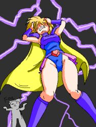 Rule 34 | 1boy, 1girl, armor, belt, black background, blonde hair, boots, breasts, cape, faye, final fantasy, final fantasy mystic quest, leotard, lowres, murasaki2007, short hair, shoulder pads, standing