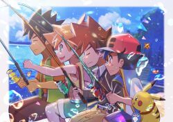 1girl 3boys ash_ketchum asymmetrical_hair brock_(pokemon) closed_eyes cowboy_shot creatures_(company) denim denim_shorts fishing fishing_rod game_freak gary_oak gen_1_pokemon gym_leader hair_tie hat highres holding holding_fishing_rod legs magikarp misty_(pokemon) multiple_boys nintendo orange_hair pikachu pokemon pokemon_(anime) pokemon_(classic_anime) pokemon_journeys poliwag ponytail red_hair shiny_skin shirt shoes short_hair short_shorts shorts side_ponytail staryu suspenders yellow_shirt