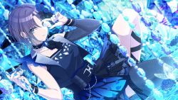 1girl asakura_toru belt black_bow blue_flower blue_nails blue_rose bow bug butterfly flower gem highres holding holding_gem idolmaster idolmaster_shiny_colors insect jewelry lace official_art rose short_hair solo