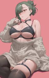 Rule 34 | 1girl, absurdres, bare shoulders, blush, breasts, brown hair, cleavage, freckles, free style (yohan1754), green eyes, highres, large breasts, long sleeves, looking at viewer, medium hair, original, sitting, solo, thighhighs, thighs