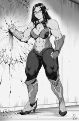 abs absurdres breasts broken_wall cherise_(xlauncher) cleavage clenched_hands frown glasses greyscale high_heels highres large_breasts long_hair mole mole_under_mouth monochrome muscular muscular_female original pointy_ears punching solo speedl00ver tank_top thick_thighs thighs vambraces