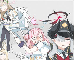 4girls angry animal_ears black_hat black_necktie black_pantyhose blank_eyes blonde_hair blue_archive breasts brown_hair capelet clenched_teeth collared_shirt commentary cup demon_horns facing_viewer fox_ears fox_girl grey_background grey_hair hair_over_one_eye halo hat holding holding_chair holding_cup horns looking_at_another makoto_(blue_archive) mika_(blue_archive) multiple_girls nagisa_(blue_archive) necktie pantyhose peaked_cap pointy_ears sam_szero scrunchie seia_(blue_archive) shirt shoes simple_background sitting smile tea tea_party_(blue_archive) teacup teeth unamused white_capelet white_shoes white_wings wings wrist_scrunchie