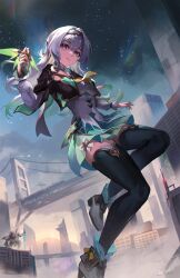 absurdres aqua_dress az&#039;ruler bridge building closed_mouth cropped_jacket dress firefly_(honkai:_star_rail) grey_hair hair_between_eyes hairband highres honkai:_star_rail honkai_(series) neckerchief orange_neckerchief sam_(honkai:_star_rail) sky smile star_(sky) starry_sky thighhighs