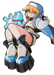 1boy absurdres blonde_hair blue_eyes blue_jacket boots bridget_(guilty_gear) fingerless_gloves gloves grin guilty_gear guilty_gear_strive hair_between_eyes highres hood hood_up hooded_jacket jacket long_sleeves looking_at_viewer male_focus noc_merinoc shoes simple_background smile solo stuffed_animal stuffed_toy teddy_bear trap v white_background