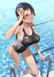 1girl adjusting_hair black_hair black_one-piece_swimsuit blue_eyes breasts climbing_ladder collarbone competition_swimsuit highres large_breasts long_hair one-piece_swimsuit original outdoors parted_lips pool_ladder smile solo swimsuit two-tone_swimsuit wa_(genryusui) water wet wet_clothes wet_hair wet_swimsuit