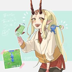1girl 1other alternate_costume alternate_hairstyle artist_name black_eyes blonde_hair blue_background blue_pikmin blue_skin blush colored_skin creature creature_on_shoulder drink facial_mark fang fate/grand_order fate_(series) fingernails flower forehead_mark game_screenshot_inset highres holding holding_drink horns ibaraki_douji_(fate) jacket long_fingernails long_hair long_sleeves nintendo nupy22 on_shoulder oni open_mouth pikmin_(creature) pikmin_(series) pikmin_bloom pointy_ears ponytail red_shirt shirt simple_background smile tape tattoo triangle_mouth two-tone_background white_background white_flower yellow_eyes yellow_jacket