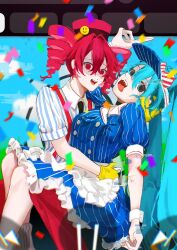 2girls apron arm_at_side black_necktie blue_dress blue_hair blue_hat blue_sky bow buttons cloud collared_dress collared_shirt confetti crossed_bangs double-breasted dress drill_hair frilled_apron frills gloves hair_between_eyes hat hat_bow hatsune_miku highres index_finger_raised kasane_teto kepi media_player_interface mesmerizer_(vocaloid) military_hat multiple_girls necktie open_mouth pants pinstripe_hat red_bow red_eyes red_hat red_pants sailor_collar sharp_teeth shirt short_sleeves sitting sitting_on_person sky sleeves_rolled_up smiley_hat_ornament striped_clothes striped_shirt suspenders teeth tongue tongue_out tsukumo_cyan twin_drills two-tone_bow upper_teeth_only utau visor_cap vocaloid waist_apron white_apron white_bow white_wrist_cuffs wrist_cuffs yellow_gloves