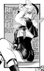 2girls animal_ears arm_on_own_head beret black_hat black_skirt black_socks blouse calflet cat_ears crossed_legs extra_ears greyscale happy_birthday hat high-waist_skirt highres kou_hei_(takasr_kou) kurumi_noah kurumi_noah_(4th_costume) looking_at_viewer medium_hair monochrome multiple_girls neck_ribbon outside_border ribbon shinomiya_runa shirt sitting skirt socks solo_focus virtual_youtuber vspo! wings