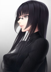 1girl black_hair black_sweater breasts erise from_side glasses grey_eyes highres hime_cut jewelry long_hair looking_to_the_side necklace number-only_commentary original parted_lips small_breasts solo sweater turtleneck turtleneck_sweater upper_body