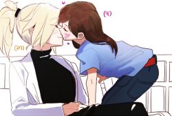 2girls age_difference belt black_pants black_sweater blonde_hair blue_pants blue_shirt brown_hair child d.va_(overwatch) facial_mark kiss lab_coat mercy_(overwatch) multiple_girls mwo_imma_hwag overwatch overwatch_1 pants ponytail shirt sitting sweater turtleneck turtleneck_sweater yuri