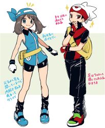 1boy 1girl bandana beanie bike_shorts black_pants black_socks blue_bandana blue_eyes blue_shirt blue_shoes brendan_(pokemon) brown_hair fangs full_body gloves green_shoes hat looking_at_viewer may_(pokemon) nintendo pants pokemon pokemon_adventures red_eyes red_gloves red_shirt shirt shoes short_hair simple_background sleeveless smile socks standing white_background white_gloves yellow_bag yukue_m
