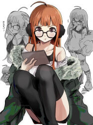 1girl :t ahoge bare_shoulders behind-the-head_headphones black-framed_eyewear black_pantyhose black_shorts blunt_bangs collarbone fur-trimmed_jacket fur_trim glasses green_jacket headphones holding holding_tablet_pc ikemen&#039;na_ore-shi jacket long_hair looking_at_viewer multiple_views off_shoulder orange_hair pantyhose persona persona_5 pout sakura_futaba shirt shorts simple_background sitting tablet_pc tank_top thighhighs